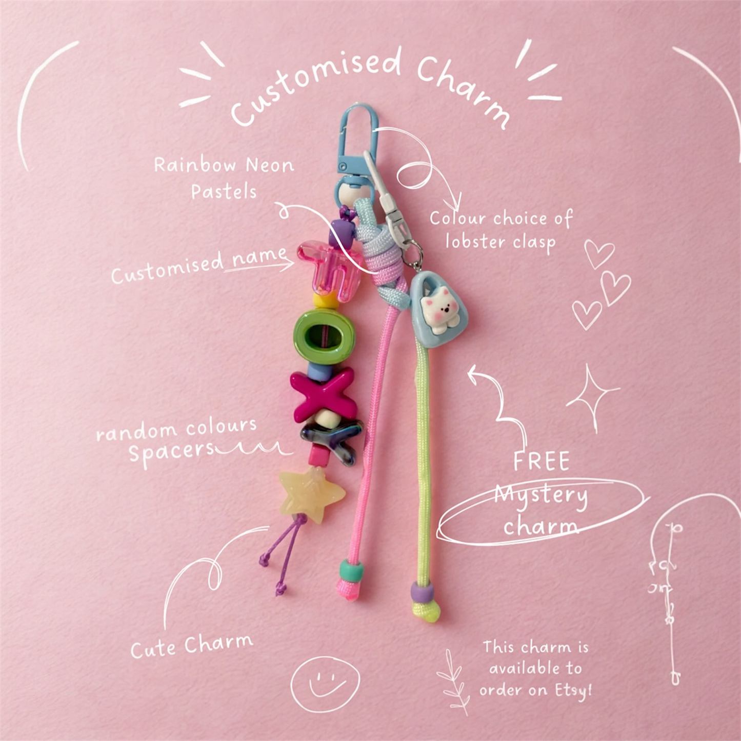 Custom Beaded Name Charm: Colourful Bag, Phone, and Key Accessory (with a FREE Mystery Charm)